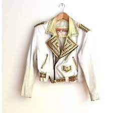 Amazing Vintage 80s Gold And White Leather Jacket With Rhinestones And 205 Liked On White Leather Jacket Vintage Leather Jacket Studded Leather Jacket