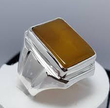 Natural Big Rectangular Yellow Aqeeq Ring Mens Akik Rings Ringswear Agate Ring Silver Rings Handmade Sterling Silver Rings