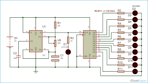The application is about led chaser circuit which works specifically by suing this johnson's counter divide by 10 ic 4017. Pin On 555 Circuits