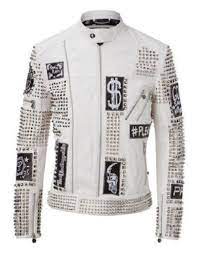 Christmas Party Men Punk Full White Studded Embroidery Patches Leather Jacket Stylish Leather Jacket Leather Jacket Men Jackets Men Fashion