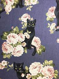 Cosmo Black Cats And Peonies Kawaii Cotton Linen Fabric In