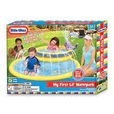 As described herein, a combination sprinkler, pool, and slide toy having ornamentation that. Little Tikes My First Lil Waterpark Splash Pad