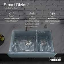 Kohler whitehaven farmhouse undermount apron front cast iron 30 in. Kohler Langlade Smart Divide Undermount Cast Iron 33 In 6 Hole Double Bowl Kitchen Sink In White K 6626 6u 0 The Home Depot