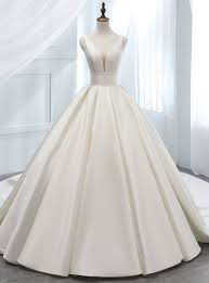 Elegant White Ball Gown Satin V Neck Backless Wedding Dress White Ball Gowns Ball Gowns Wedding Silk Wedding Dress Ballgown