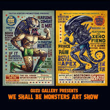 Opening tonight at @guzugallery in Austin: “We Shall Be Monsters” art show.  My contributions are a pair of wrestling styled posters representing “The  Phantom Hunter” and “Xeno Fiend.” #alien #predator #monster #halloween #