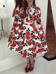 Floral Print Tie Neck Long Sleeve Dress Dresses Shop Casual Dresses Long Sleeve Dress