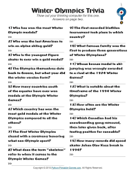 Click on the image of the document to download or print 20 winter trivia questions with answers on a separate page. Winter Winter Olympic Trivia
