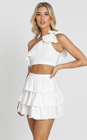 Women's two piece skirt sets. Rooftop Spritz Two Piece Mini Skirt Set In White Showpo Two Piece Dress Two Piece Skirt Set Tiered Mini Skirt
