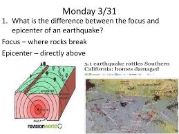 I'm not sure but epicenter is above the focus and obviously, focus is right under the epicenter that should answer your question right?! Monday 3 31 What Is The Difference Between The Focus And Epicenter Of An Earthquake Focus Where Rocks Break Epicenter Directly Above Ppt Download