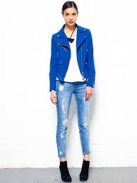 Casual Blue Suede Biker Jacket White Top Light Blue Skinny Jeans Black Boots Blue Leather Jacket Outfit Blue Leather Jacket Blue Jackets Outfits