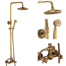Antique Brass Bathroom Shower Faucet Set Brushed Gold Shower Fixture 8 Inch Rainfall Shower Head Handh Gold Bathroom Fixtures Brass Bathroom Shower Faucet Sets