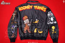 Vintage 90s Looney Tunes Leather Bugs Bunny X Elmer Fudd Warner Bros Black Cartoon Bomber Biker Jacket M L Leather Bomber Jacket Jackets Bomber Jacket