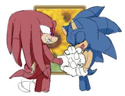 4499 - safe, artist:yatina, knuckles the echidna, sonic the hedgehog,  echidna, hedgehog, abstract background, eyes closed, flower, gay, holding  hands, knuxonic, looking at them, mouth open, shipping, smile, standing,  sunflower - art.mobius.social