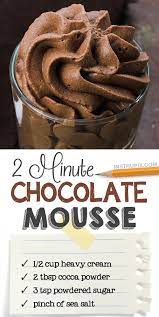 As you whisk, you'll notice that the cream will use a disher (ice cream scoop) to plop a pile of it onto your dessert, or place it into a piping bag to after this happens, add the cocoa powder and sugar and whip the cream one final short time. Easy 2 Minute Chocolate Mousse Recipe