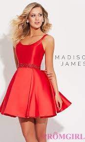 Short Madison James Scoop Neck Pleated Prom Dress Short Red Prom Dresses Fancy Short Dresses Head Turning Dress