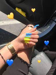 Blue Yellow Long Nailss Acrylic Nail Shapes Yellow Nails Nails