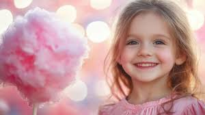 Sweet happiness joyful closeup of smiling child with cotton candy under  bright lights