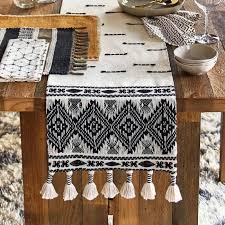 Black And White Textured Table Runner With Tassels Boho Table Runner White Table Cloth White Linen Bedding