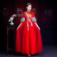 Oriental Asian Bride Beauty Chinese Traditional Wedding Dress Women Red Floral Long Sleev Chinese Style Wedding Dress Dresses Chinese Wedding Dress Traditional