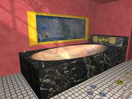 The vanity and storage shelves are all gray floating units mounted on a marble wall of darker gray. Second Life Marketplace Black Marble Bathroom Tub W Faucet Shelf