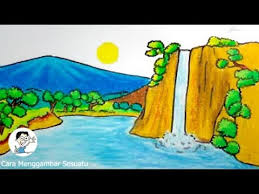 Rumah, pegunungan, air terjun, danau, orang, perahu, pohon, laut atau lainnya. Lukisan Pemandangan Air Terjun Yang Simple Cikimm Com
