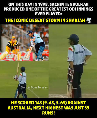 On April 22, 1998, Sharjah witnessed one of cricket's most iconic masterpieces as Sachin Tendulkar unleashed the unforgettable 143 off 131 balls against Australia. In a match interrupted by a real desert