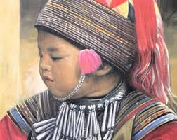 Oil Painting Akka Boy, Northern Thailand, Signed by Sumrit, Thai Painter,  Around 1980