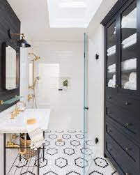 Simple architectural details, including shutters, shelves, and a handsome tub enclosure, add style, storage, and stature to this small bathroom. Pinterest Top 10 Becki Owens Bathrooms Remodel Bathroom Design Bathroom Inspiration
