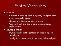 The structure of a stanza is often (though not always) repeated throughout the poem. Poetry Characteristics Rhyme Scheme Stanza Repetition Standards Demonstrate