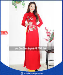 Áo dài họa tiết hoa thêu thủ công - màu đỏ lụa Tây Thi TK02