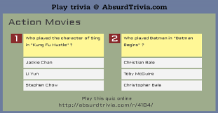 Well, we've got 250+ trivia questions and answers lined up for you to try to figure out and they span many different categories. Trivia Quiz Action Movies