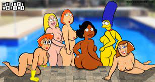 6girls american dad ass barefoot big ass blue hair breasts brown  hair brown skin crossover danny phantom dexter's laboratory dexter's mom  donna tubbs earrings embracing family guy female female
