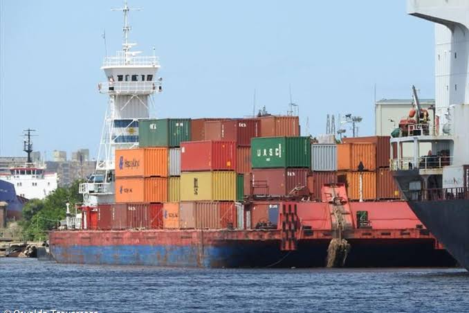 Buques de carga varados en una terminal del río Paraná durante el paro portuario en Argentina