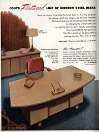 Finished in a warm pecan and a pop of color with navy blue drawers and cool gold pulls. The Way Offices Used To Look Vintage Office Furniture And Sleek Mid Century Modern Desks From 1959 Click Americana