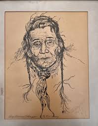 Signed Nathan Olney 1973 Chief Tommy Thompson Native American Framed Art  Drawing
