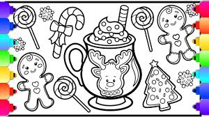 Color in this picture of santa eating cookies and milk and others with our library of online coloring pages. How To Draw Hot Chocolate Christmas Cookies And Candy For Kids Christmas Coloring Pages Youtube