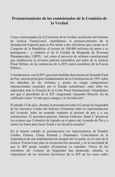 JesusAbadColorado on X: "Pronunciamiento de los comisionados de la Comisión de la Verdad. “Lo que está en juego es la confianza en el Sistema de Verdad, Justicia, Reparación y No Repetición y