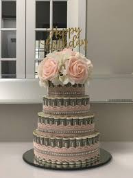 Birthday Gift Cake And Flowers 100 Dollar Money Cake 4 Tiered Lace Pink Etsy In 2020 Money Birthday Cake Money Cake Gift Cake