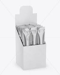 Opened Box W 20 Metallic Sachets In Sachet Mockups On Yellow Images Object Mockups