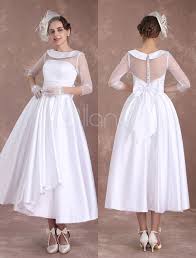 White Wedding Dresses Short 1950 S Vintage Bridal Dress Satin Long Sleeve Pleated Illusion Tea Length Wedding Reception Dress Milanoo Wedding Reception Dress Short Wedding Dress Bridal Dresses Vintage