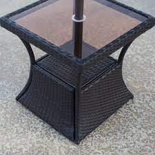 Patio Square Side Table With Glass Top And Umbrella Hole Made With All Weather Wicker And Steel In Hammered Matte Black 20l Side Table Wicker Square Side Table
