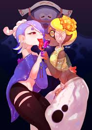 pokichi (ponkichi kemo), big man (splatoon), frye (splatoon), shiver  (splatoon), nintendo, splatoon (series), splatoon 3, yellow crop top,  highres, 1boy, 2girls, :d, artist name, bare shoulders, black pants, blonde  hair, blue hair,