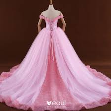 Unnachahmlich, leichte und komfortable brautkleider ein brautkleid ist für jede frau etwas ganz besonderes. Romantisch Pink Ballkleid Korsett Brautkleider 2017 Off Shoulder Kurze Armel Ruckenfreies Tulle Blumen Kathedrale Schleppe