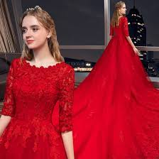 Wer für den traum in weiß nicht zuviel geld. Schone Rot Brautkleider Hochzeitskleider 2019 A Linie Rundhalsausschnitt Perlenstickerei Kristall Spitze Blumen 1 2 Armel Konigliche