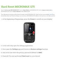 Hard Reset MICROMAX Q75