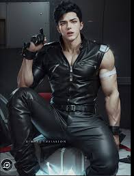 A close up of a man in a leather outfit holding a gun - SeaArt AI