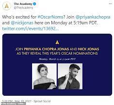 Nick Jonas And Priyanka Chopra Reveal They Re Announcing The Oscar Nominations On Monday Morning Daily Mail Online