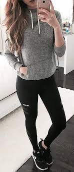 Winter Fashion Grey Sweater Black Leggings Black Sneakers Workout Outfits Winter Outfits With Leggings Fashion