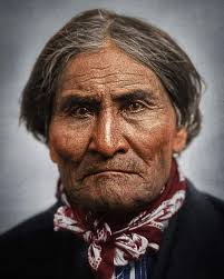Geronimo, a prominent leader and medicine man from the Bedonkohe band of  the Ndendahe Apache people, photographed at the age of 75 in 1904. Credit:  julius.colorization