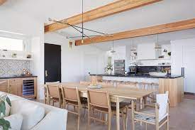 Another relaxed option, a 42 bar height table, makes for a quick transition from standing to sitting. Dining Table Behind Sofa Transitional Living Room B Moore Design